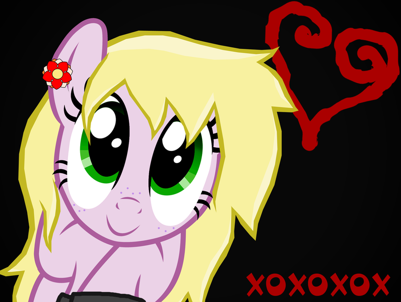 Size: 1030x776 | Tagged: safe, artist:reitanna-seishin, derpibooru import, oc, oc:lizzy, unofficial characters only, pony, black background, blonde hair, bust, caption, ear piercing, freckles, green eyes, heart, image, image macro, piercing, pink coat, png, simple background, solo, text