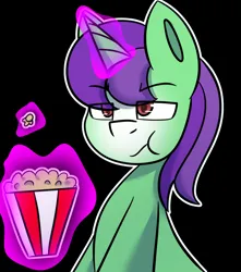 Size: 1134x1280 | Tagged: safe, artist:askhypnoswirl, derpibooru import, oc, oc:crescent star, unofficial characters only, unicorn, commission, disappointed, eating, food, horn, image, jpeg, magic, popcorn, unicorn oc