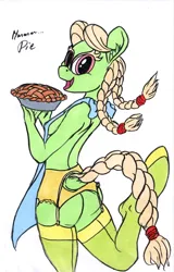 Size: 768x1200 | Tagged: suggestive, artist:sepiakeys, derpibooru import, granny smith, anthro, g4, butt, clothes, female, food, garter belt, image, pie, png, socks, solo, solo female, stockings, thigh highs, young granny smith, younger