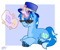 Size: 1051x885 | Tagged: safe, artist:natpack, derpibooru import, oc, oc:blueshield, unofficial characters only, pony, unicorn, crystal, hat, horn, image, lying down, magic, male, png, signature, simple background, solo, stallion, sunglasses, top hat, unshorn fetlocks