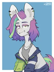 Size: 1477x1960 | Tagged: safe, artist:crashbrush, derpibooru import, oc, unofficial characters only, pony, unicorn, accessory, beads, blue background, braces, clothes, curved horn, ear fluff, ear piercing, eyelashes, eyeshadow, female, horn, image, jewelry, looking at you, makeup, mare, piercing, png, simple background, sitting, smiling, solo