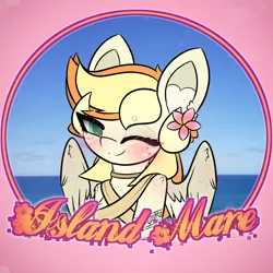 Size: 1640x1640 | Tagged: safe, artist:sodapop sprays, derpibooru import, oc, oc:sodapop sprays, unofficial characters only, pegasus, pony, background, blushing, bust, chest fluff, clothes, ear fluff, eye clipping through hair, flower, freckles, hawaii, hawaiian, hawaiian flower in hair, image, looking at you, ocean, one eye closed, plumaria, png, smiling, smiling at you, solo, text, water, wink, winking at you