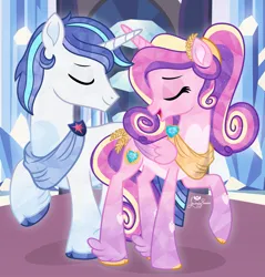 Size: 2737x2862 | Tagged: safe, artist:lovinglypromise, derpibooru import, princess cadance, shining armor, crystal pony, pony, g4, cloven hooves, crystal empire, crystallized, duo, duo male and female, female, horn, horns are touching, image, male, png, ship:shiningcadance, shipping, straight