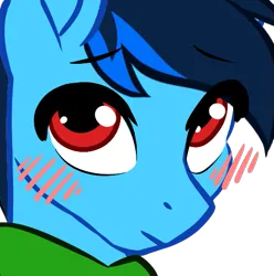 Size: 537x541 | Tagged: safe, artist:mxiiisy, derpibooru import, oc, oc:cobalt chaser, unofficial characters only, pegasus, pony, blue coat, blue mane, blush lines, blushing, clothes, digital art, emotes, hoodie, image, jacket, looking at you, male, pegasus oc, png, red eyes, simple background, solo, sweater, transparent background, wings