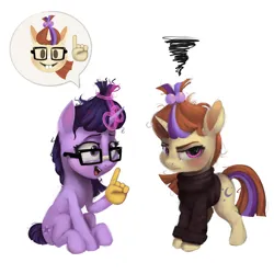 Size: 2048x2048 | Tagged: safe, artist:tuskonline, derpibooru import, moondancer, twilight sparkle, pony, unicorn, g4, annoyed, clothes, emoji, eyewear, funny, glasses, horn, image, magic, messy mane, nerd, png, purple eyes, purple hair, purple mane, red mane, simple background, sweater, telekinesis, tornado, turtleneck, yellow coat, 🤓