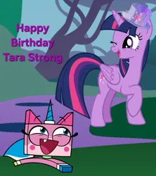 Size: 1064x1200 | Tagged: safe, artist:author92, derpibooru import, twilight sparkle, twilight sparkle (alicorn), alicorn, g4, duo, duo female, female, glitter, happy birthday, image, lego, one eye closed, png, tara strong, the lego movie, unikitty, unikitty!, voice actor joke, wink