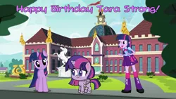 Size: 1280x720 | Tagged: safe, derpibooru import, twilight sparkle, human, pony, equestria girls, g4, happy birthday, image, jpeg, tara strong, trio