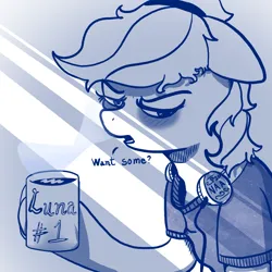 Size: 2000x2000 | Tagged: safe, artist:naafreelanceartist, derpibooru import, oc, oc:naa, unofficial characters only, earth pony, pony, bags under eyes, bust, clothes, coffee, dialogue, high res, holding, image, jpeg, morning ponies, mug, sketch, solo, talking to viewer