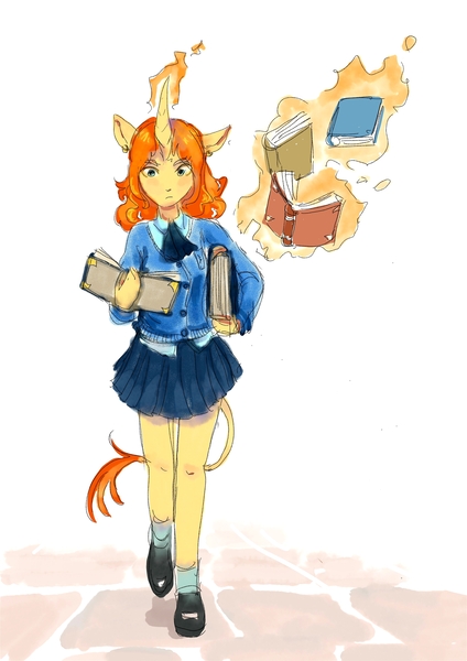 Size: 2480x3508 | Tagged: safe, artist:kovoranu, derpibooru import, sunset shimmer, anthro, plantigrade anthro, unicorn, g4, book, clothes, horn, human facial structure, image, jpeg, leonine tail, magic, reading, school uniform, skirt, solo, tail, uniform