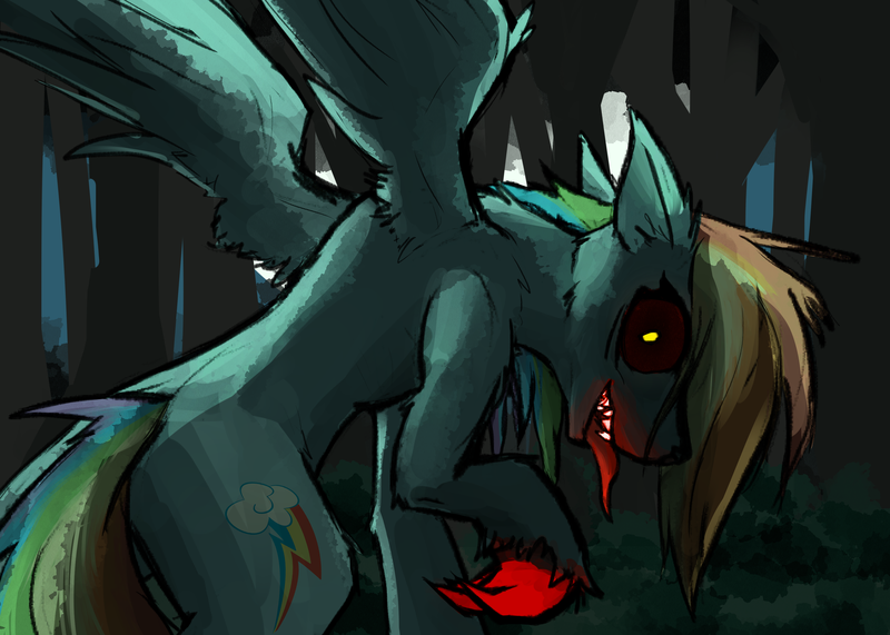 Size: 3360x2400 | Tagged: semi-grimdark, artist:candel, derpibooru import, rainbow dash, hengstwolf, pegasus, pony, werewolf, g4, black sclera, blood, bloody mouth, claws, forest, image, looking at you, moon, nature, night, png, sharp teeth, smiling, teeth, tongue out, tree