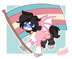 Size: 1104x909 | Tagged: safe, artist:natpack, derpibooru import, oc, oc:brightbrush(natpack), unofficial characters only, bat pony, pony, bat wings, bell, bell choker, bell collar, blue eyes, choker, clothes, collar, flag, flag pole, image, league of legends, lgbtq, male, passepartout, pink, png, ponysona, pride, pride flag, socks, solo, sona, spread wings, stallion, stockings, thigh highs, tongue out, transgender, transgender oc, transgender pride flag, unshorn fetlocks, watermark, wings