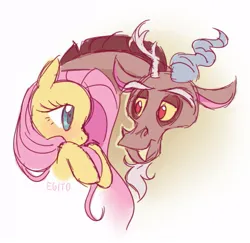 Size: 715x694 | Tagged: safe, artist:egitojuniior, derpibooru import, discord, fluttershy, draconequus, pegasus, pony, g4, antlers, blushing, discoshy, duo, duo male and female, female, horn, image, jpeg, looking at each other, looking at someone, male, shipping, signature, straight