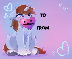 Size: 1279x1056 | Tagged: safe, artist:shpoof, derpibooru import, oc, unofficial characters only, unicorn, blue eyes, blushing, floppy ears, full body, heart, holiday, horn, image, jpeg, mouth hold, simple background, unshorn fetlocks, valentine, valentine's day, valentine's day card