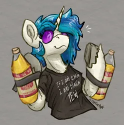 Size: 1186x1192 | Tagged: safe, artist:reddthebat, derpibooru import, vinyl scratch, pony, unicorn, g4, alcohol, bottle, clothes, drink, emanata, female, horn, image, mare, png, shirt, signature, solo, t-shirt, tape, unshorn fetlocks