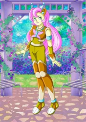 Size: 1512x2151 | Tagged: safe, artist:rockmangurlx, derpibooru import, fluttershy, human, robot, equestria girls, g4, crossover, female, flutterbot, garden, gynoid, image, jpeg, mega man (series), outdoors, robot master, roboticization, ruby spears, smiling, solo