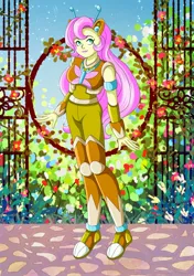 Size: 1512x2151 | Tagged: safe, alternate version, artist:rockmangurlx, derpibooru import, fluttershy, human, robot, equestria girls, g4, crossover, female, flutterbot, garden, gynoid, image, jpeg, mega man (series), outdoors, robot master, roboticization, ruby spears, smiling, solo