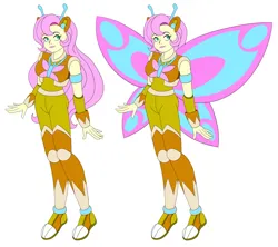 Size: 1703x1512 | Tagged: safe, alternate version, artist:rockmangurlx, derpibooru import, fluttershy, human, robot, equestria girls, g4, butterfly wings, colored, crossover, female, flat colors, flutterbot, gynoid, image, jpeg, mega man (series), robot master, roboticization, ruby spears, simple background, smiling, solo, white background, wings