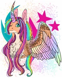 Size: 1024x1294 | Tagged: safe, artist:malinraf1615, derpibooru import, sunny starscout, alicorn, pony, g5, my little pony: a new generation, alternate design, bust, chest fluff, coat marking, colored wings, cutie mark background, detailed wings, ear fluff, female, freckles, happy, image, jpeg, mane stripe sunny, mare, multicolored horn, multicolored wings, one eye closed, race swap, signature, smiling, solo, sunnycorn, wings, wink