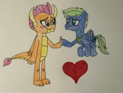 Size: 4032x3024 | Tagged: safe, artist:dylanwayneburk, derpibooru import, smolder, oc, oc:lightning twister, dragon, pegasus, pony, g4, age difference, boyfriend and girlfriend, child, colt, couple, cute, duo, duo male and female, female, flying, foal, heart, heart locket, hearts and hooves day, holiday, image, interspecies offspring, jpeg, locket, locket necklace, male, my little pony, offspring, parent:capper dapperpaws, parent:fluttershy, parents:cappershy, simple background, smolderbetes, teenaged dragon, traditional art, valentine's day