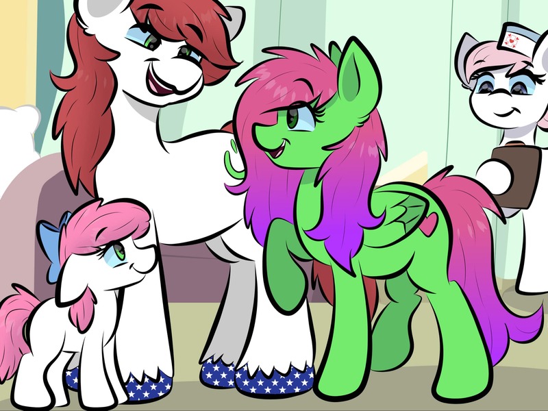 Size: 2048x1536 | Tagged: safe, artist:doodle-hooves, ponerpics import, nurse redheart, oc, unofficial characters only, pony, female, foal, image, jpeg, looking at each other, male, mare, stallion