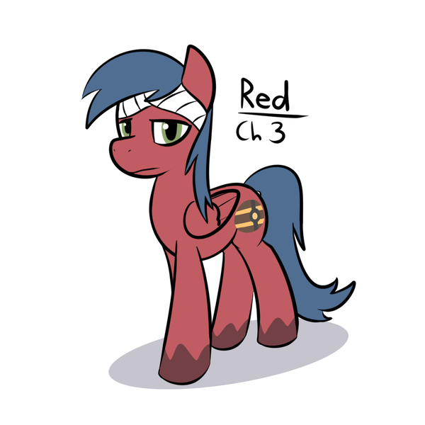 Size: 950x950 | Tagged: safe, artist:ossilia flawol, derpibooru import, oc, oc:red (someponys disillusion), fanfic:someponys disillusion, bandage, blue mane, coat markings, derpibooru exclusive, fanfic art, green eyes, image, png, red coat