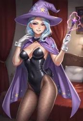 Size: 1280x1856 | Tagged: suggestive, ai content, machine learning generated, prompter:acryllic, trixie, human, g4, bowtie, bunny suit, cloak, clothes, female, fishnet pantyhose, gloves, hat, humanized, image, jpeg, looking at you, magic, smiling, smirk, solo, solo female, wizard hat