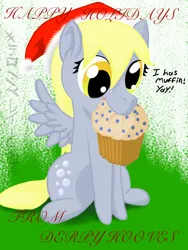 Size: 768x1024 | Tagged: safe, artist:mangakrafter, derpibooru import, derpy hooves, pegasus, pony, g4, blueberry muffin (food), christmas, cute, derp, derpabetes, female, food, hat, holiday, image, mare, mouth hold, muffin, png, santa hat, solo