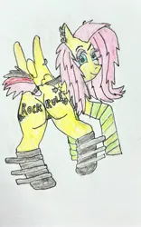 Size: 1917x3067 | Tagged: suggestive, artist:martialarts2003, derpibooru import, fluttershy, pegasus, pony, g4, boots, butt, butt tattoo, clothes, ear piercing, earring, flutterbutt, flutterpunk, image, jewelry, jpeg, piercing, plot, presenting, punk, shirt, shoes, short tail, smiling, tail, tattoo, traditional art, wings, womb tattoo