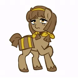 Size: 729x729 | Tagged: safe, artist:clarissasbakery, derpibooru import, ponified, earth pony, pony, g4, colored hooves, crossed legs, female, freckles, headband, hooves, image, inanimate insanity, jpeg, mare, simple background, solo, suitcase (inanimate insanity), unshorn fetlocks, white background