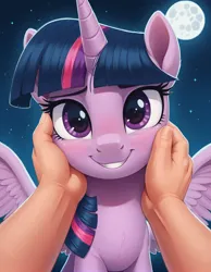 Size: 1496x1928 | Tagged: safe, ai content, machine learning generated, prompter:antedown, twilight sparkle, twilight sparkle (alicorn), alicorn, human, pony, g4, blushing, female, hand, horn, image, looking at you, male, mare, moon, moonlight, night, night sky, offscreen character, png, pov, romantic, sky, smiling, stars, teeth, touching face, wings