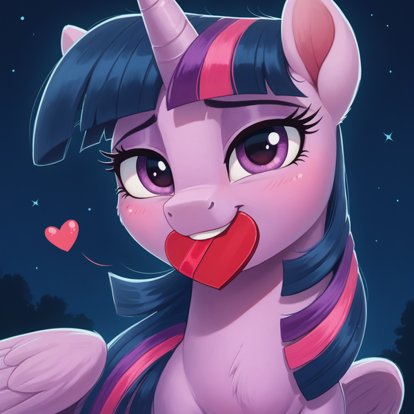 Size: 1536x1536 | Tagged: safe, ai content, machine learning generated, prompter:antedown, twilight sparkle, twilight sparkle (alicorn), alicorn, pony, g4, blushing, female, heart, hearts and hooves day, holiday, horn, image, looking at you, mare, mouth hold, night, night sky, outdoors, png, sky, solo, solo female, stars, valentine, valentine's day, valentine's day 2025, wings