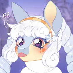 Size: 2500x2500 | Tagged: safe, artist:seurnik, derpibooru import, oc, unofficial characters only, alpaca, big ears, big eyes, bleh, blue coat, curly mane, cute, headband, image, jpeg, request, sketch, snow, snowflake, solo, spots, tongue out, white hair