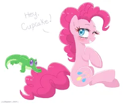 Size: 1211x1016 | Tagged: safe, artist:lullapiies, derpibooru import, gummy, pinkie pie, alligator, earth pony, pony, g4, image, one eye closed, png, simple background, sitting, smiling, solo, white background, wink