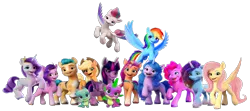 Size: 6120x2713 | Tagged: safe, artist:tankengine52, derpibooru import, applejack, fluttershy, hitch trailblazer, izzy moonbow, pinkie pie, pipp petals, rainbow dash, rarity, sparky sparkeroni, spike, sunny starscout, twilight sparkle, twilight sparkle (alicorn), zipp storm, alicorn, dragon, earth pony, pegasus, pony, unicorn, g4, g5, my little pony: a new generation, applejack (g5), applejack's hat, blue coat, blue eyes, blue mane, blue tail, bracelet, cowboy hat, crown, curly mane, curly tail, cyan eyes, cyan mane, cyan tail, female, fluttershy (g5), g4 to g5, generation leap, green eyes, hat, hitch and his heroine, horn, image, izzy and her heroine, jewelry, looking at you, male, mane five, mane fourteen, mane seven, mane seven (g5), mane six, mane six (g5), mane stripe sunny, mane twelve, mare, misty and her heroine, misty brightdawn, multicolored mane, multicolored tail, orange coat, pink coat, pink mane, pink tail, pinkie pie (g5), pipp and her heroine, png, purple eyes, purple mane, rainbow dash (g5), rarity (g5), rebirth misty, regalia, simple background, sparky and his hero, spread wings, stallion, sunny and her heroine, tail, tan mane, tan tail, transparent background, twilight sparkle (g5), white coat, winged spike, wings, yellow coat, zipp and her heroine