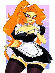 Size: 1500x2000 | Tagged: suggestive, artist:xan-gelx, derpibooru import, adagio dazzle, equestria girls, g4, alternate hairstyle, apron, blushing, breasts, busty adagio dazzle, clothes, dress, female, image, maid, maid headdress, open mouth, png, ponytail, skirt, socks, solo, solo female, stockings, thigh highs