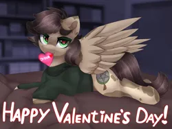 Size: 4000x3000 | Tagged: safe, artist:taiweiart, derpibooru import, oc, oc:tayer, unofficial characters only, pegasus, pony, brown mane, clothes, detailed background, green eyes, heart, holiday, image, looking at you, lying down, png, room, solo, spotted, sweater, valentine's day, wings