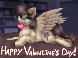 Size: 4000x3000 | Tagged: safe, artist:taiweiart, derpibooru import, oc, oc:tayer, unofficial characters only, pegasus, pony, bed, bookshelf, brown mane, detailed background, heart, holiday, image, looking at you, lying down, png, room, solo, spotted, valentine's day, wings