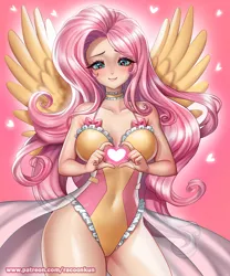 Size: 1200x1442 | Tagged: safe, artist:racoonsan, derpibooru import, fluttershy, human, g4, backlighting, bow, breasts, busty fluttershy, choker, clothes, corset, curvy, cute, eyebrows visible through hair, female, heart, heart eyes, heart hands, holiday, hourglass figure, humanized, image, jpeg, leonine tail, leotard, light skin, lingerie, patreon, pink background, reasonably sized breasts, shiny hair, showgirl skirt, shyabetes, signature, simple background, smiling, solo, spread wings, valentine's day, wingding eyes, winged humanization, wings