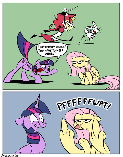 Size: 1125x1437 | Tagged: safe, artist:strebiskunk, derpibooru import, angel bunny, fluttershy, twilight sparkle, twilight sparkle (alicorn), alicorn, demon, pegasus, pony, rabbit, g4, 2 panel comic, animal, butt wings, comic, crossover, feather fingers, female, floppy ears, flutterbitch, frown, hazbin hotel, hellaverse, image, jpeg, lidded eyes, mare, middle feather, middle finger, niffty, raspberry, tongue out, vulgar, wing hands, wings