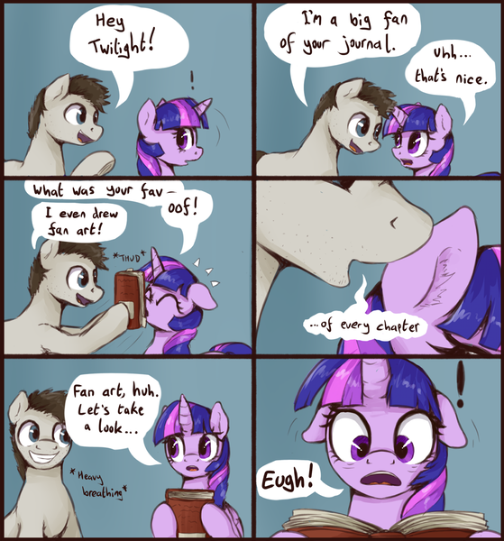 Size: 1300x1396 | Tagged: safe, artist:dosh, derpibooru import, twilight sparkle, twilight sparkle (alicorn), unnamed character, oc, unnamed oc, alicorn, earth pony, pony, g4, book, comic, creepy, creepy smile, dialogue, exclamation point, female, gradient background, grin, heavy breathing, image, male, mare, onomatopoeia, open mouth, open smile, png, self insert, shocked, shocked expression, smiling, stallion, text, whispering