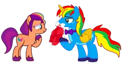 Size: 6442x3337 | Tagged: safe, artist:shieldwingarmorofgod, derpibooru import, sunny starscout, oc, oc:shield wing, alicorn, earth pony, pony, g4, g5, alicorn oc, bouquet of flowers, bowtie, female, flower, hearts and hooves day, holiday, horn, image, male, mane stripe sunny, mare, png, rose, simple background, stallion, transparent background, unshorn fetlocks, valentine's day, vector, wings