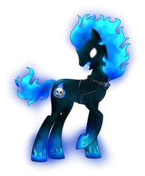 Size: 828x1011 | Tagged: safe, artist:reitanna-seishin, derpibooru import, blank eyes, blue hooves, devil may cry, glow, glowing eyes, image, mane of fire, not an oc, png, rule 85, simple background, solo, transparent background