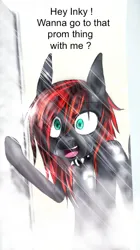 Size: 349x624 | Tagged: safe, artist:lonelycross, derpibooru import, oc, oc:thunder smash, pegasus, pony, g4, :d, bipedal, black coat, caption, collar, image, image macro, jpeg, open mouth, open smile, shower, smiling, spiked collar, teal eyes, text