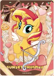 Size: 509x712 | Tagged: safe, derpibooru import, official, biscuit, sunset shimmer, pony, unicorn, g4, arrow, bow, candy, card, chocolate, food, heart, hearts and hooves day, holiday, horn, image, jpeg, kayou, looking at you, merchandise, smiling, smiling at you, solo, stars, text, valentine's day, wings