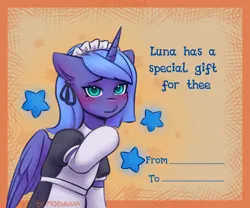 Size: 1800x1500 | Tagged: safe, artist:moewwur, artist:rin-mandarin, derpibooru import, part of a set, princess luna, alicorn, pony, g4, blushing, clothes, holiday, horn, image, looking at you, maid, maid headdress, png, postcard, princess, shy, socks, solo, stars, stockings, text, thigh highs, valentine, valentine's day, white stockings, wings