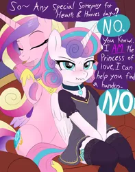 Size: 3000x3800 | Tagged: safe, artist:local sugar provider, derpibooru import, princess cadance, princess flurry heart, alicorn, pony, g4, annoyed, blushing, clothes, collar, couch, curtains, cute, derpibooru exclusive, dress, duo, duo female, eyes closed, female, flurry heart is not amused, flustered, frown, hair dressing, hearts and hooves day, holding mane, hoof shoes, hooves between legs, horn, image, indoors, jewelry, mare, mother and child, mother and daughter, mothers gonna mother, mouth hold, necklace, png, scrunchy face, sitting, socks, speech bubble, stockings, tail, teasing, text, thigh highs, unamused, wings