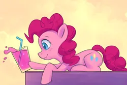 Size: 3840x2560 | Tagged: safe, artist:replacer808, derpibooru import, pinkie pie, earth pony, pony, g4, behaving like a cat, everything is ruined, female, glass, high res, image, juice, lemonade, lying down, mare, png, prone, pure unfiltered evil, pushing, solo, spill, straw, table, wavy mouth, yellow sky