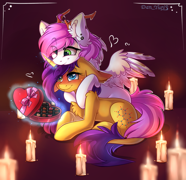 Size: 3017x2921 | Tagged: safe, artist:yuris, derpibooru import, oc, oc:daemon, oc:kitori, unofficial characters only, pegasus, pony, unicorn, art trade, blushing, box, candle, chocolate, chocolates, ears up, female, floppy ears, food, holiday, horn, hug, image, lesbian, lgbt, lies, magic, piercing, png, shipping, simple background, smiling, telekinesis, valentine, valentine's day