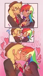 Size: 720x1280 | Tagged: safe, artist:ssuminv, derpibooru import, applejack, rainbow dash, human, g4, appledash, blazer, blushing, clothes, cute, dashabetes, duo, duo female, ear piercing, earring, exclamation point, eyes closed, female, flustered, freckles, french kiss, heart, holiday, humanized, image, jackabetes, jewelry, jpeg, kissing, lesbian, nail polish, necktie, open mouth, parent:applejack, piercing, question mark, shipping, shirt, valentine's day