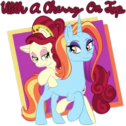 Size: 1920x1920 | Tagged: safe, artist:_butterscotch, derpibooru import, cherry jubilee, sassy saddles, earth pony, pony, unicorn, g4, cover art, crossed hooves, duo, eyeshadow, female, hearts and hooves day, horn, image, lesbian, lidded eyes, makeup, mare, passepartout, png, ship:cherrypins, shipping